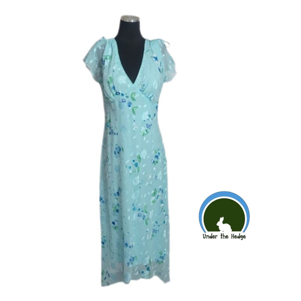 Vtg Giorgio Fiorlini Aqua Floral Flutter Sleeve Dress Jrs 15 Medium Fairy